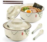 JTKDG Ceramic Ramen Bowl Set of 2, 800ml Japanese Retro Noodle Bowl with Lid, Large Soup Bowls with Chopsticks and Spoons Asian Tableware for Microwave & Dishwasher Safe (Twig)