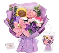 JTKDG Crocheted Bouquet Purple Handmade Knitted Flowers Lily Sunflowers Roses Crochet Flowers for Valentine's Day Teacher's Day Anniversary Birthday Parties Mother's Day Graduation Gifts (Purple)