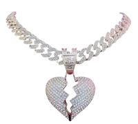 jtkhaweh Classic Men Hip Hop Chain Iced Out Heart Broke Pendant Necklace 13Mm Chain Hiphop Necklaces Silvercolor
