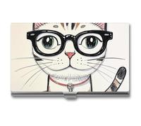 JTKLQBN Slim Metal Business Card Case Design Hipster Cat Kitten Glasses Printed Name Card Holder Professional Business Card Organizer Christmas Card Holder for Men Women Business Personnel