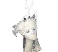 JTKSSCS Masquerade Masks Feather Mask Branches Headwear Party Makeup Props Accessories Face Veil(WHITE)