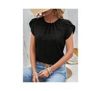 (JTM2512 Black, M) Women's Summer Short Sleeve Shirts Fashion Loose Round Neck Petal Sleeve Tops Solid Color Elegant Women Casual Blouses New