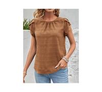 (JTM2512 Khaki, M) Women's Summer Short Sleeve Shirts Fashion Loose Round Neck Petal Sleeve Tops Solid Color Elegant Women Casual Blouses New