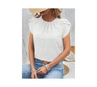(JTM2512 White, M) Women's Summer Short Sleeve Shirts Fashion Loose Round Neck Petal Sleeve Tops Solid Color Elegant Women Casual Blouses New
