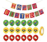 JTMKYO 1 Building Block Theme Pull Flag with 18 Latex Balloons and 1 Roll of Ribbon, Party Decoration Supplies, Block Theme Set, Happy Birthday Banner, Suitable for Indoor, Outdoor, 300cm