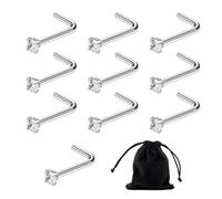 JTMKYO 10 Crystal Nose Studs, Velvet Bag, Sterling Silver Pierced, Micro Crystal Ear Studs, L-Shaped, Thin (0.8mm)