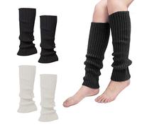 JTMKYO 2 Pairs of Winter Knitted Leg Warmers, Autumn and Winter Woolen Leggings, Black and White Elastic Leg Gloves, 40cm Stockings, Suitable for Autumn and Winter.