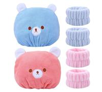 JTMKYO 2 Pieces Of Bear Dry Hair Cap, 2 Pairs Of Face Wash Wristbands, Water-Absorbing Towel, Cartoon Cute Children'S Shower Cap, Face Wash Supplies, Elastic Wristband.