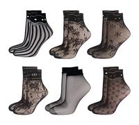 JTMKYO 6 Pairs Black Fishnet Lace Ankle Socks - 6 Styles, Nylon Women's Thin Fashion Socks