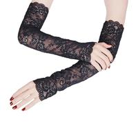 JTMKYO Women's Lace Fingerless Fishnet Gloves, Black Sun Protection Long Arm Sleeves (45cm)