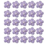 Jtnohx Knitted Flower Patches，Crochet Flowers Applique，25pcs Handmade Floral Sew on Patches，3cm DIY Appliques Embellishments with Pearl, Crochet Floral for Crafts,Sew Accessories(Purple