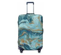 JTNWEC Azurite Teal and Foil Gold Oil Marble Pattern Print Travel Luggage Cover - Personalization Elastic Suitcase Protector, Black, M( Fit 22-24 Inch Luggage)