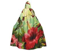JTNWEC lavender fields Printed Halloween Hooded Cloak Carnival Halloween Cosplay Costume for Adult, Hummingbirds Red Flower Hibiscus, One Size