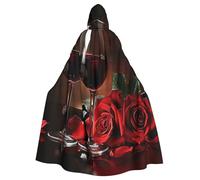 JTNWEC Rustic Old Barn Wood Printed Halloween Hooded Cloak Carnival Halloween Cosplay Costume for Adult, Red Rose and Wine Romantic Lovers Decor, One Size