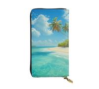 JTNWEC Women's Leather Wallet - Island with Sandy Beach and Palm Tree Prints Coin Purse Travel Card Holder Zipper Purse Cell Phone Handbag, Black, One Size, Modern, Black, One Size, Modern