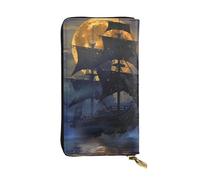JTNWEC Women's Leather Wallet - Pirate sailboat full moon Prints Coin Purse Travel Card Holder Zipper Purse Cell Phone Handbag, Black, One Size, Modern, Black, One Size, Modern