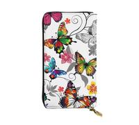 JTNWEC Women's Leather Wallet - White Floral Pattern Colorful Butterflies art Prints Coin Purse Travel Card Holder Zipper Purse Cell Phone Handbag, Black, One Size, Modern, Black, One Size, Modern
