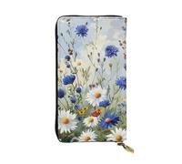JTNWEC Women's Leather Wallet - Wild Flowers and Cornflowers Daisies art Prints Coin Purse Travel Card Holder Zipper Purse Cell Phone Handbag, Black, One Size, Modern, Black, One Size, Modern