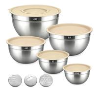 JTOOYS Mixing Bowls Set of 5 - Stainless Steel Mixing Bowls with Lids & 3 Grates Nesting Salad Bowl with 0.7/1/1.5/2.6/4.6L, Idea for Baking/Prepping/Serving/Food Storage, Dishwasher Safe, Khaki