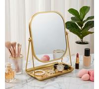 JTOOYS Vanity Mirror Gold with Stand - 360° Rotating Makeup Mirror Gold Framed Metal Bathroom Mirrors with Storage Tabletop Cosmetic Mirror for Living Room, Bedroom, Tabletop