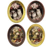 JTQYFI 1. 4PCS 1/12 Scale Iron Miniature Wall Art Photo Frames Cats & Roses Oil Painting Design For Doll House Decor Iron Craft Doll House Furniture