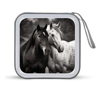 JTREHY 40 Sheets Capacity CD Case Storage Bag,Black And White Horses Printed Portable Zipper CD DVD Case Holder Large Capacity CD Wallet for Car, Home, Office, Games Disc, Audio Music