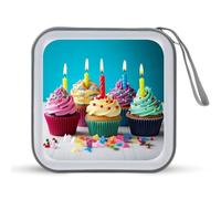 JTREHY 40 Sheets Capacity CD Case Storage Bag,Colorful Happy Birthday Cupcakes Printed Portable Zipper CD DVD Case Holder Large Capacity CD Wallet for Car, Home, Office, Games Disc, Audio Music