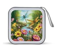 JTREHY 40 Sheets Capacity CD Case Storage Bag,Dragonfly Garden Spring Printed Portable Zipper CD DVD Case Holder Large Capacity CD Wallet for Car, Home, Office, Games Disc, Audio Music