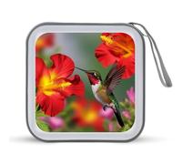 JTREHY 40 Sheets Capacity CD Case Storage Bag,Hummingbirds Red Flower Hibiscus Printed Portable Zipper CD DVD Case Holder Large Capacity CD Wallet for Car, Home, Office, Games Disc, Audio Music