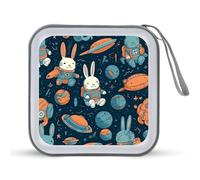 JTREHY 40 Sheets Capacity CD Case Storage Bag,Rabbit And Space Printed Portable Zipper CD DVD Case Holder Large Capacity CD Wallet for Car, Home, Office, Games Disc, Audio Music