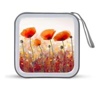 JTREHY 40 Sheets Capacity CD Case Storage Bag,Red Poppy Flowers Printed Portable Zipper CD DVD Case Holder Large Capacity CD Wallet for Car, Home, Office, Games Disc, Audio Music