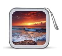 JTREHY 40 Sheets Capacity CD Case Storage Bag,Sea Water Dusk Beach Sunset Printed Portable Zipper CD DVD Case Holder Large Capacity CD Wallet for Car, Home, Office, Games Disc, Audio Music