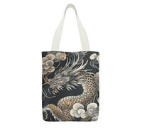 JTREHY Black Oriental Dragon Canvas Tote Cute Zipper Canvas Bags Exquisite Fashion Single Shoulder Cloth Totes Shopping Lightweight Handbag for Travel Work Gift
