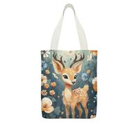 JTREHY - Cartoon Deer Flower Canvas Tote Bag Zipper Exquisite Fabric Bags Single Shoulder Lightweight Shopping Bag for Travel Work Gift