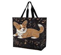 JTREHY Corgi Who Loves Music Grocery Bag Heavy Duty Reusable Shopping Bag Washable Foldable Shopping Totes with Handles Multi-Purpose Large Capacity Grocery Bags for Beach Picnic