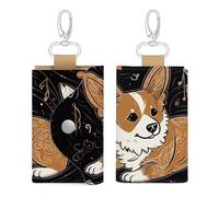 JTREHY Corgi Who Loves Music Leather Key Bag Convenient Storage Holder Coin Purse Chain Keychain with Metal Hook And Keyring Zipper Bag Contacts Car Key Case for Men And Women