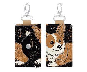 JTREHY Corgi Who Loves Music Leather Key Bag Convenient Storage Holder Coin Purse Chain Keychain with Metal Hook And Keyring Zipper Bag Contacts Car Key Case for Men And Women