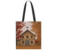 JTREHY Fall Country Barn Polyester Tote Bag, Lightweight Reusable Shoulder Carryall, Spacious Multi-Purpose Durable Open-Top Shopping Bag for Work Travel Gym Grocery Errands Daily Use