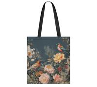 JTREHY Flowers Birds Polyester Tote Bag, Lightweight Reusable Shoulder Carryall, Spacious Multi-Purpose Durable Open-Top Shopping Bag for Work Travel Gym Grocery Errands Daily Use