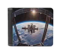JTREHY International Space Station Picture Wallet PU Leather Mens Bifold Wallet Slim Wallets with Multiple Card Slots Pocket Billfold