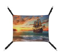 JTREHY Pet Hammock,Pirate Ship in The Sunset Printed Adjustable Hanging Cat Bed for Cats Small Dogs Rabbits Or Other Small Animals with Metal Hooks