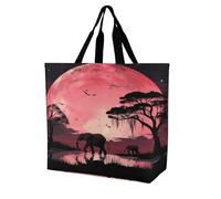 JTREHY Pink Moon Elephant Grocery Bag Heavy Duty Reusable Shopping Bag Washable Foldable Shopping Totes with Handles Multi-Purpose Large Capacity Grocery Bags for Beach Picnic