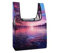 JTREHY Purple Sunset on Water Shopping Bag Premium Fashion Foldable Grocery Bags Anti-cracking Waterproof Durable Totes for Women Travel, Gym Office Beach Gear