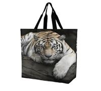 JTREHY Tiger Lie On Rock Grocery Bag Heavy Duty Reusable Shopping Bag Washable Foldable Shopping Totes with Handles Multi-Purpose Large Capacity Grocery Bags for Beach Picnic