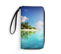 JTREHY Women Wallets Beautiful Island In The Sea Printed Wallet PU Large Capacity Wallets with Wrist Strap And Zipper, Beautiful Island In The Sea, 19.7x10.5cm