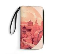 JTREHY Women Wallets Chinese Architectural Patterns Printed Wallet PU Large Capacity Wallets with Wrist Strap And Zipper, Chinese Architectural Patterns, 19.7x10.5cm