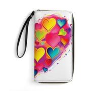 JTREHY Women Wallets Colourful Heart Printed Wallet PU Large Capacity Wallets with Wrist Strap And Zipper, Colourful Heart, 19.7x10.5cm