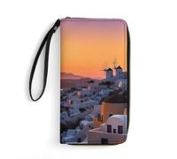 JTREHY Women Wallets Greece Island Sunset Landscape Printed Wallet PU Large Capacity Wallets with Wrist Strap And Zipper, Greece Island Sunset Landscape, 19.7x10.5cm