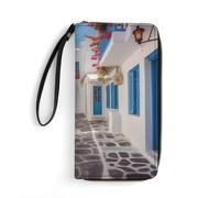 JTREHY Women Wallets Greece Street Printed Wallet PU Large Capacity Wallets with Wrist Strap And Zipper, Greece Street, 19.7x10.5cm