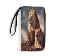 JTREHY Women Wallets Two Lions Printed Wallet PU Large Capacity Wallets with Wrist Strap And Zipper, Two Lions, 19.7x10.5cm